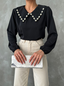 Bluza eleganta accesorizata la guler cu perle - Img 6