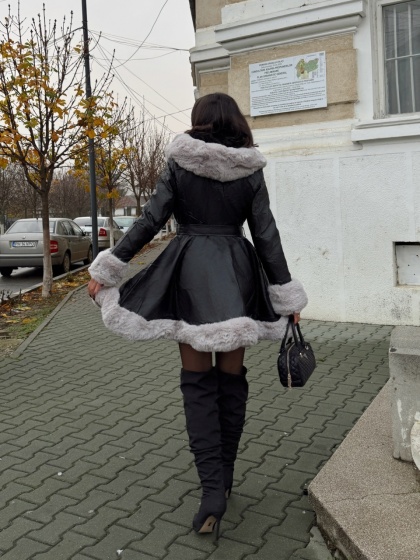 Geaca lunga din imitatie de piele cu blana artificiala - Img 3