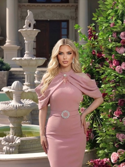 Rochie eleganta cu umeri goi și broșă elegantă