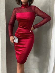 Rochie eleganta din catifea cu maneci din tul acesorizata cu strasuri - Img 1