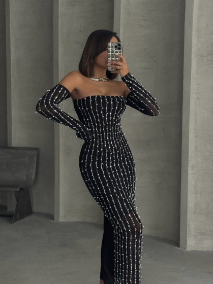 Rochie eleganta din tul cu maneci detasabile accesorizata cu perle si strasuri - Img 7