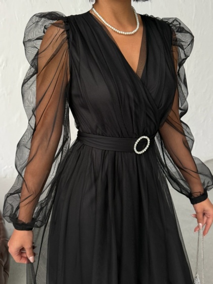 Rochie eleganta lunga cu accesoriu in talie din tull - Img 1