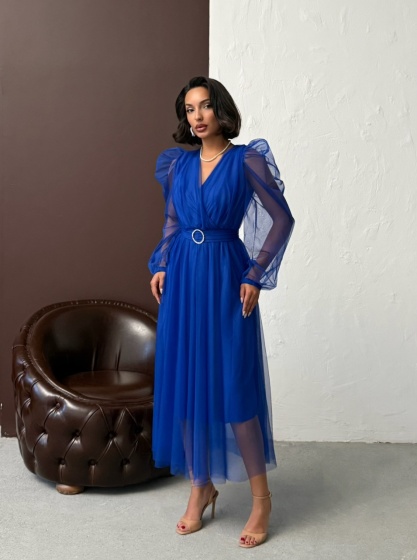 Rochie eleganta lunga cu accesoriu in talie din tull - Img 2