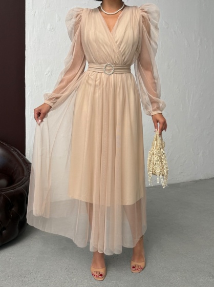 Rochie eleganta lunga cu accesoriu in talie din tull - Img 4