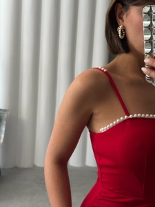 Rochie eleganta lunga cu bretele accesorizata cu perle - Img 5