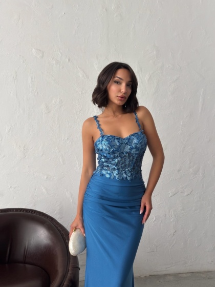 Rochie eleganta lunga cu broderie florală și paiete - Img 6