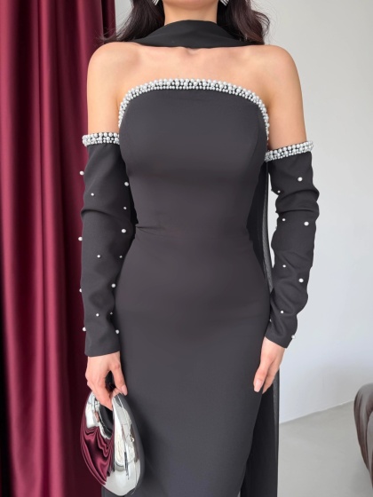 Rochie eleganta lunga cu maneci detasabile si sal - Img 4