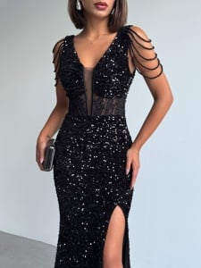 Rochie eleganta lunga cu paiete si lantisoare pe umeri - Img 3