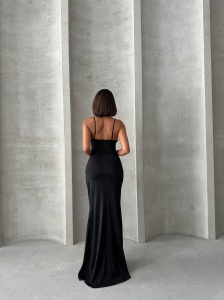 Rochie eleganta lunga din satin cu aplicatie din plasa cu strasuri - Img 2