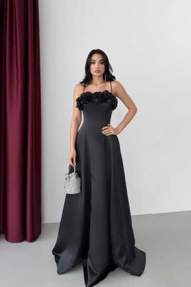 Rochie eleganta lunga din satin cu detalii florale - Img 3