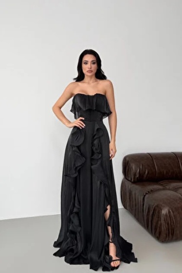 Rochie eleganta lunga din satin cu detalii volane