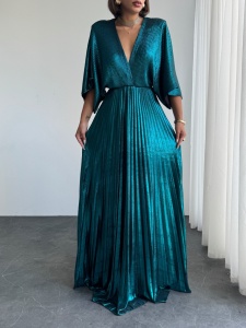 Rochie eleganta lunga plisata cu aspect lucios - Img 3