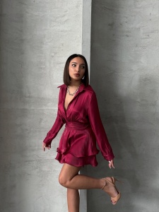 Rochie eleganta stil camasa cu maneca lunga accesorizata cu pampon - Img 6