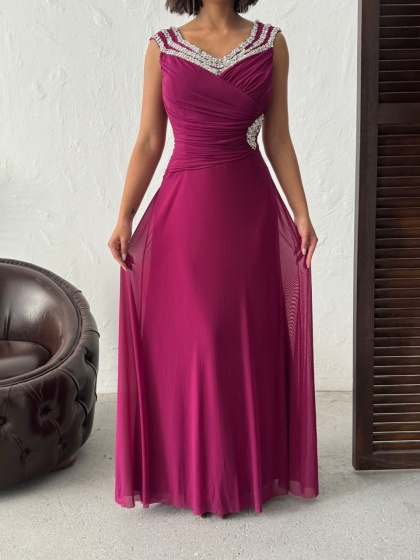 Rochie lunga din tull accesorizata cu strasuri - Img 6