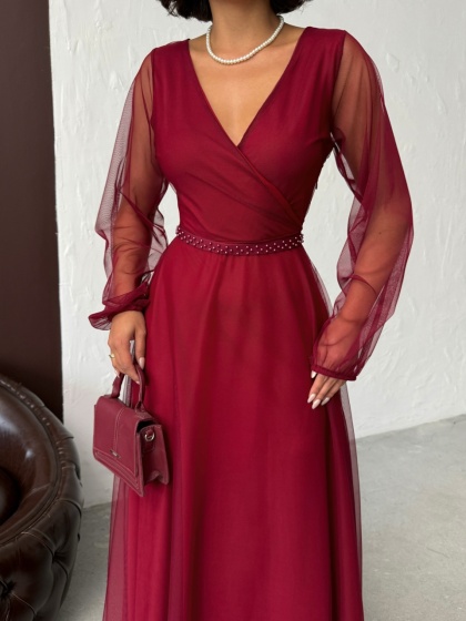 Rochie lunga din tull cu accesoriu in talie - Img 1