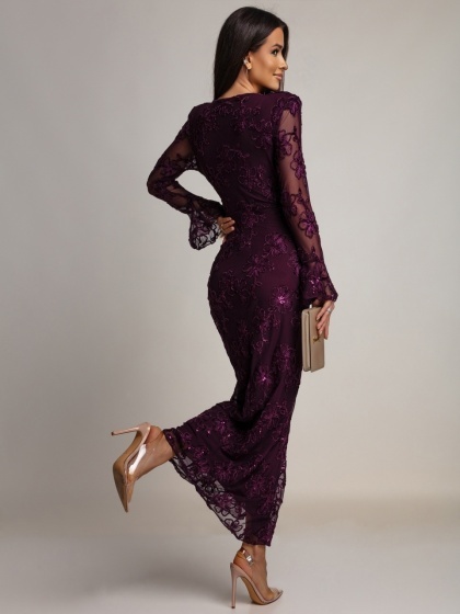 Rochie lungă din tull, cu broderie florală, paiete strălucitoare și mâneci evazate tip clopot - Img 4