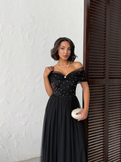 Rochie lunga din tull cu detalii perle - Img 9