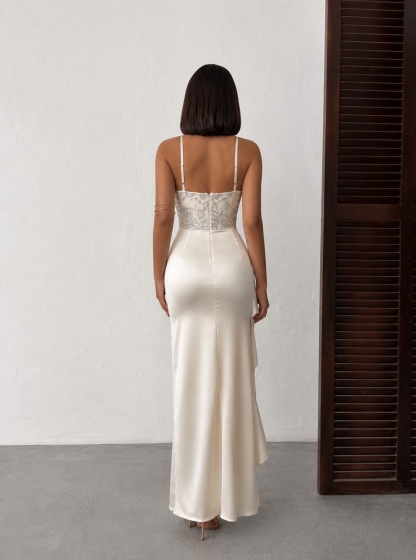 Rochie lunga eleganta din satin cu bust brodat si paiete - Img 4