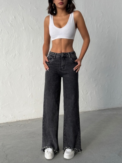 Blugi evazati elastici accesorizati cu perle la tiv - Img 4