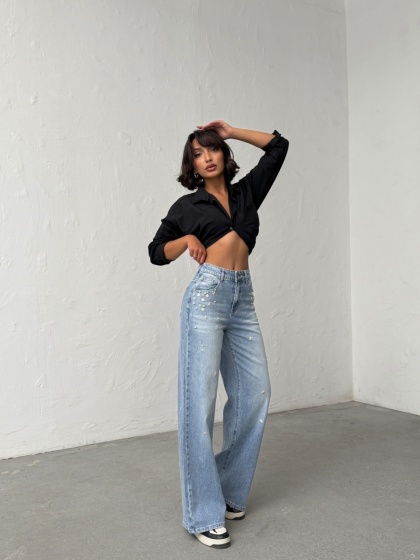 Blugi evazati elastici cu perle si insertii florale - Img 7