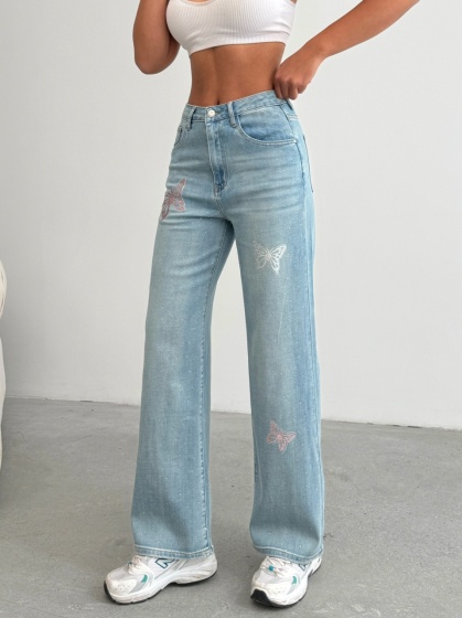 Blugi evazati elastici strasuri si design fluturi - Img 3