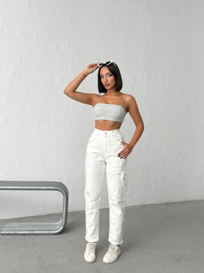 Blugi mom fit cu detalii decorative - Img 7