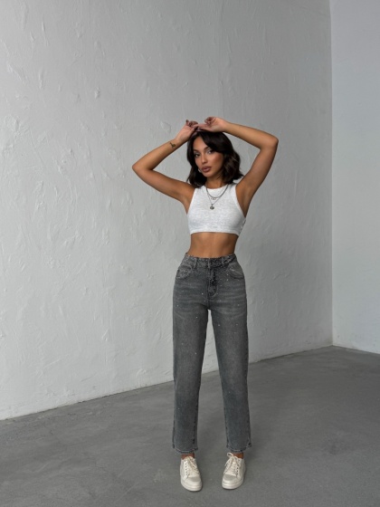 Blugi mom fit elastici cu aplicatii din strasuri - Img 6