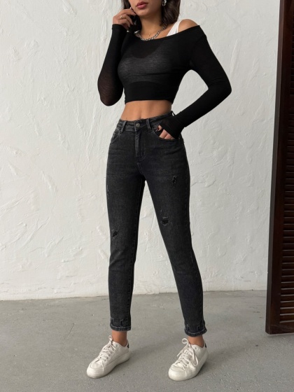 Blugi mom fit elastici cu miici rupturi