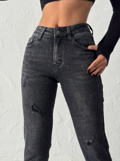 Blugi mom fit elastici cu miici rupturi - Img 3