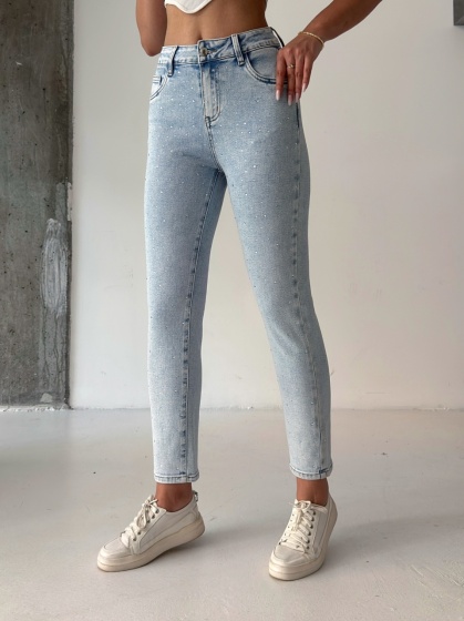 Blugi skinny elastici cu aplicatii din strasuri - Img 3