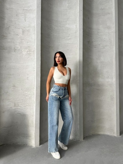 Blugi wide leg cu abraziuni în față, în zona buzunarelor - Img 5