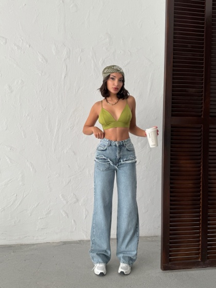 Blugi wide leg cu abraziuni în față, în zona buzunarelor - Img 7