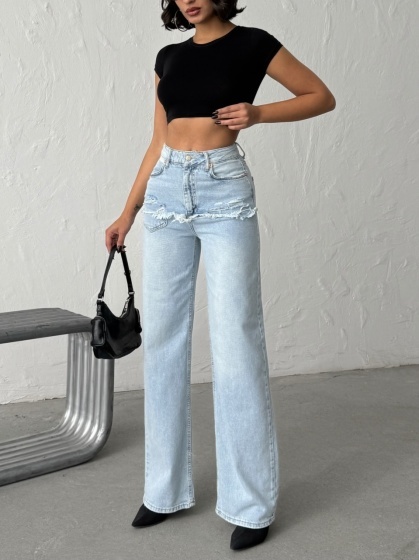 Blugi wide leg cu abraziuni în față, în zona buzunarelor