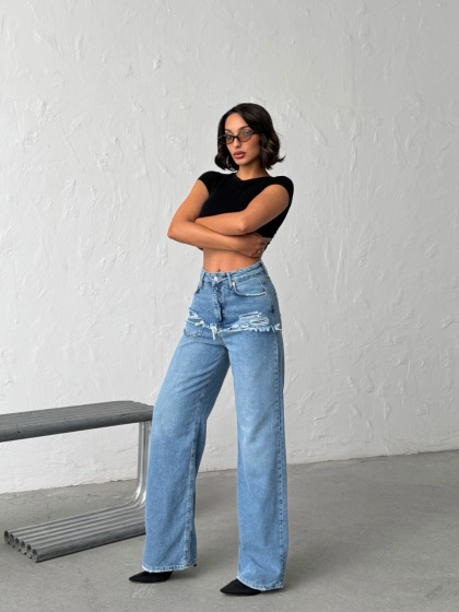 Blugi wide leg cu abraziuni în față, în zona buzunarelor - Img 6