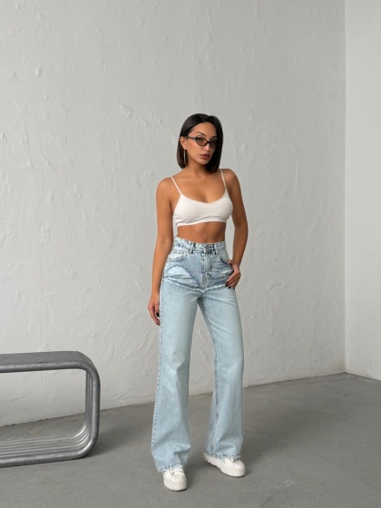 Blugi wide leg cu abraziuni în față, în zona buzunarelor - Img 6