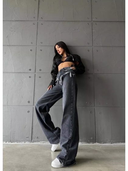 Blugi wide leg cu abraziuni în față, în zona buzunarelor - Img 3