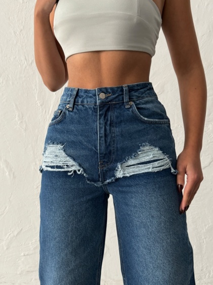 Blugi wide leg cu abraziuni în față - Img 1