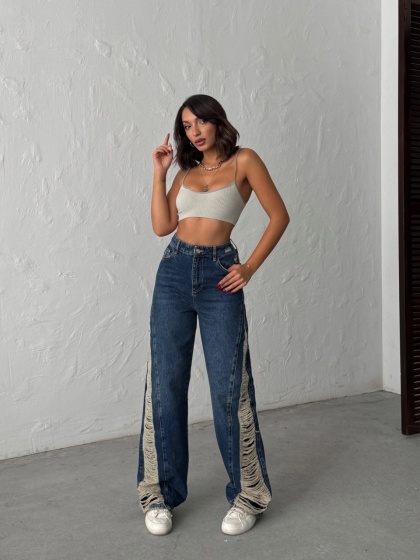 Blugi wide leg cu abraziuni pe lateral - Img 5