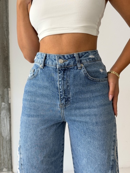 Blugi wide leg cu abraziuni pe lateral - Img 2