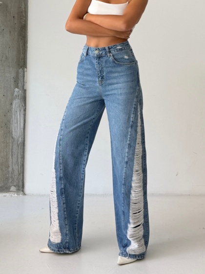Blugi wide leg cu abraziuni pe lateral