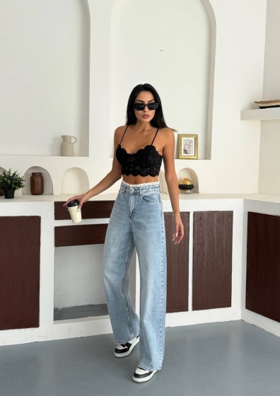 Blugi wide leg cu broderie la talie - Img 2