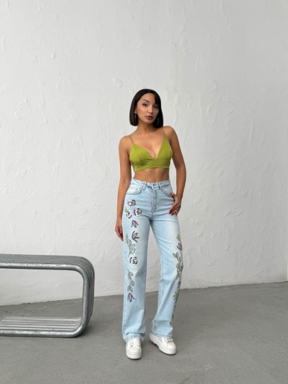 Blugi wide leg cu broderie - Img 6