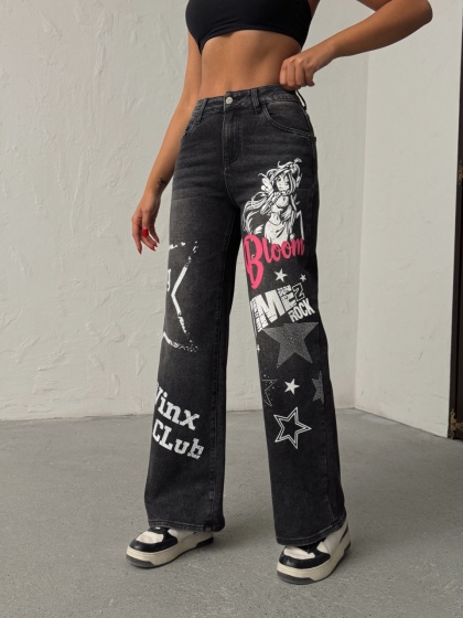 Blugi wide leg cu design animat - Img 7