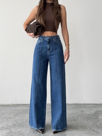 Blugi wide leg cu dunga pe mijloc - Img 6