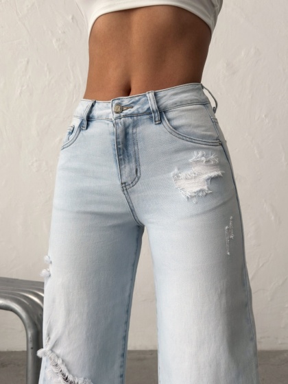 Blugi wide leg cu franjuri la tiv - Img 4