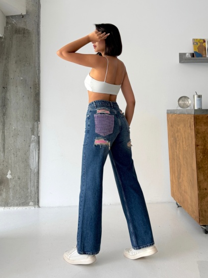 Blugi wide leg cu inserții roz - Img 3
