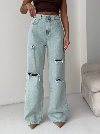 Blugi wide leg cu multiple rupturi