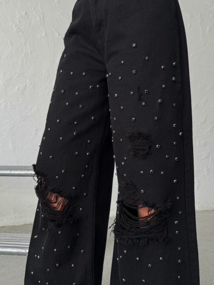 Blugi wide-leg din denim cu detalii strălucitoare - Img 8