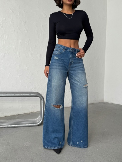 Blugi wide leg din denim cu rupturi - Img 3