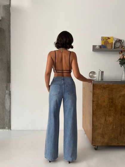 Blugi wide leg elastici cu detalii strasuri - Img 2